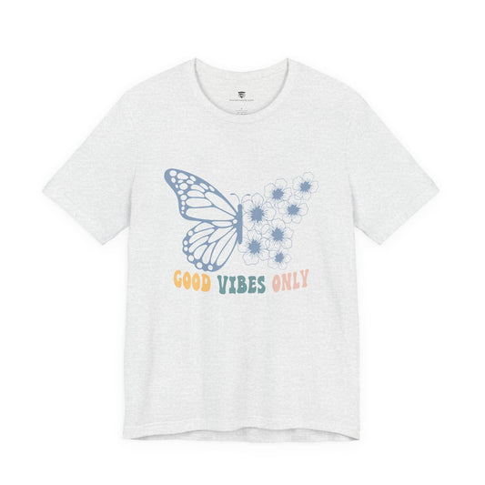 White t-shirt with a butterfly and text on a white background