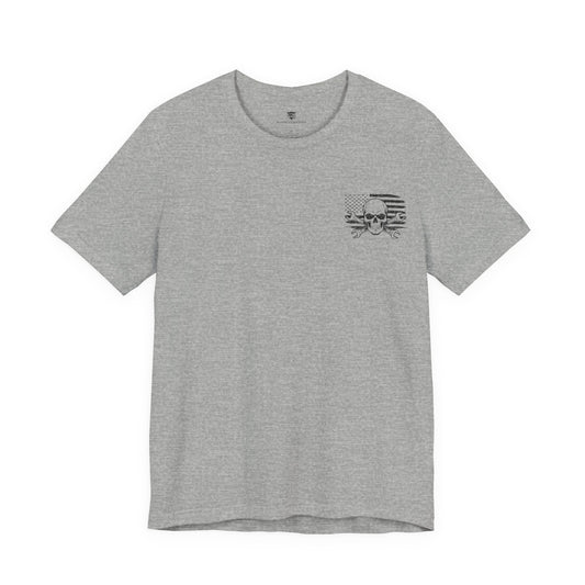 Gray t-shirt with a skull and crossbones design on a white background