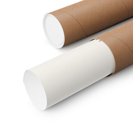 Two cardboard tubes, one white and one brown, on a white background