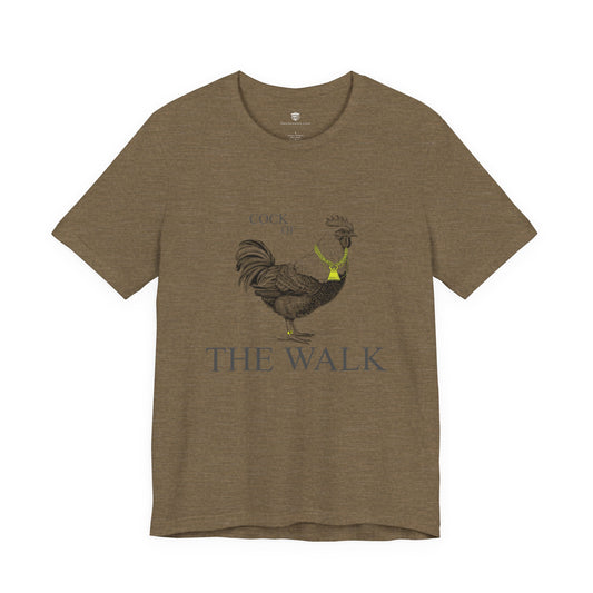 Brown t-shirt with rooster graphic and text on a white background