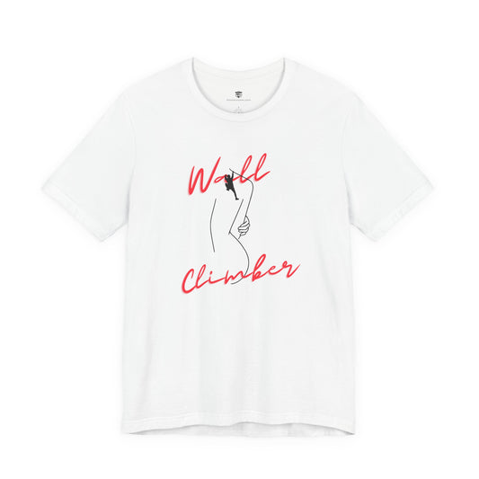 White t-shirt with red and black graphic design on a white background