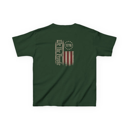 Green t-shirt with a graphic design on the back featuring 'We The People' text and a flag.