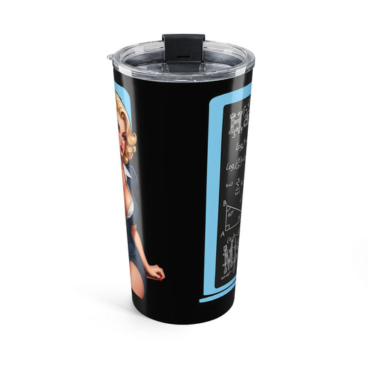 A black insulated tumbler with a clear lid and flip-top spout, featuring a retro pin-up girl illustration and chalkboard-style graphics on a white background.