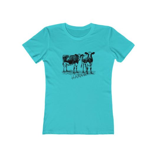 Turquoise t-shirt with black cow illustration and 'HARAJUKU' text on a white background