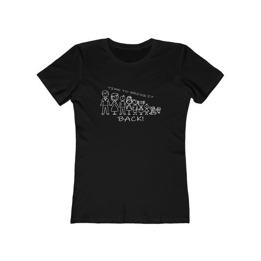 Black t-shirt with white graphic design and text on a white background