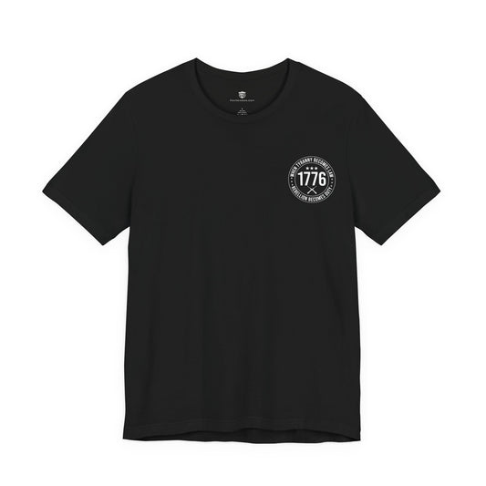 Black t-shirt with a white 1776 logo on a white background