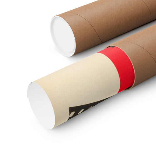 Two cardboard tubes with white ends and a red band on a white background