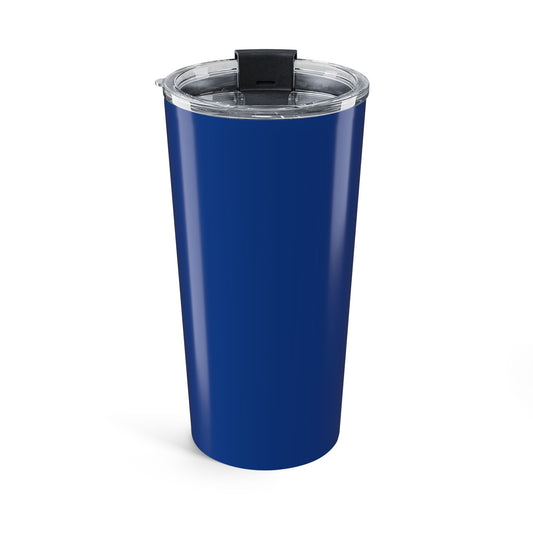 Blue tumbler with a clear lid on a white background