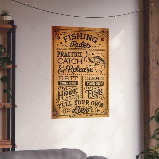 Fishing-themed decorative poster on a wall with a cozy indoor setting.