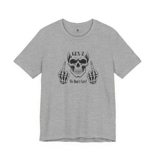 Gray t-shirt with skull and skeleton hand design on a white background