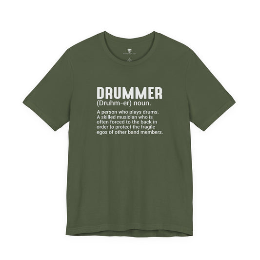 Green t-shirt with white text definition of a drummer on a white background