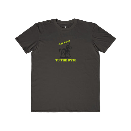 Black t-shirt with a logo on the chest against a white background