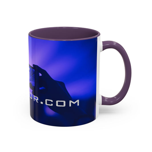 Blue mug with a purple handle on a white background