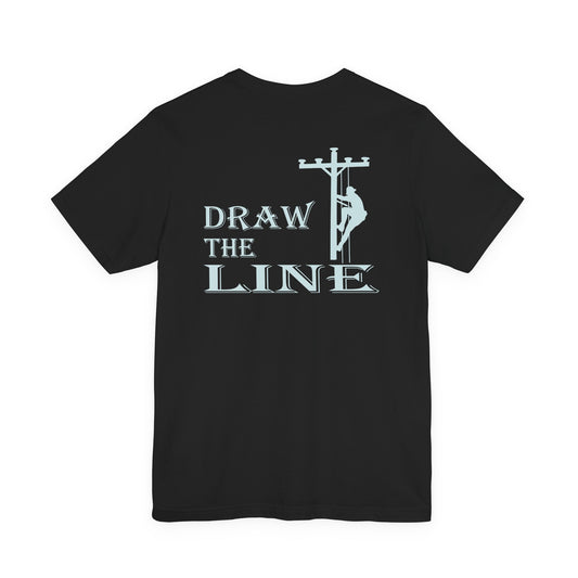 Black t-shirt with 'Draw the Line' graphic on a white background