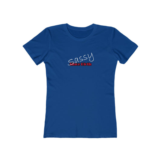 Blue t-shirt with 'Sassy Since Birth' text on a white background