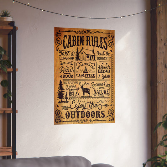 Poster with 'Cabin Rules' text and illustrations on a wall in a cozy room.