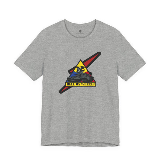 Gray t-shirt with a graphic design on a white background