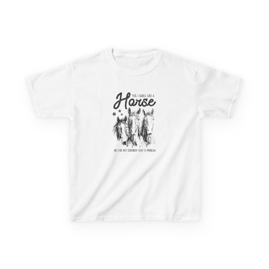 White t-shirt with black graphic and text on a white background