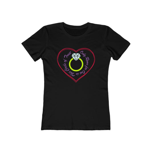 Black t-shirt with a heart-shaped design featuring a ring and text on a white background