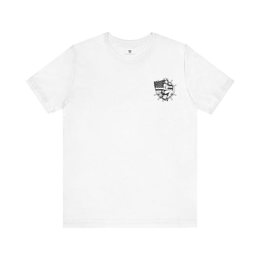 White t-shirt with a black graphic design on a white background