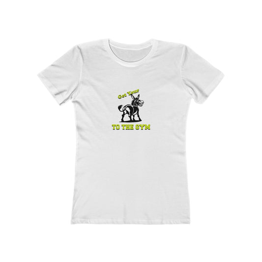 White t-shirt with black and green graphic and text on a white background