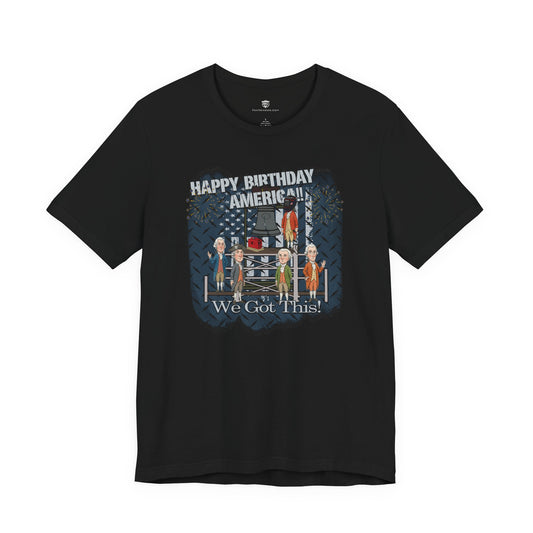 Black t-shirt with graphic design and text on a white background