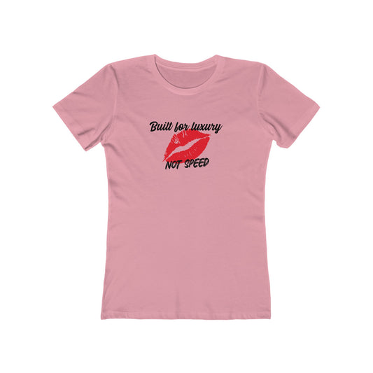 Pink t-shirt with red lips graphic and text on a white background