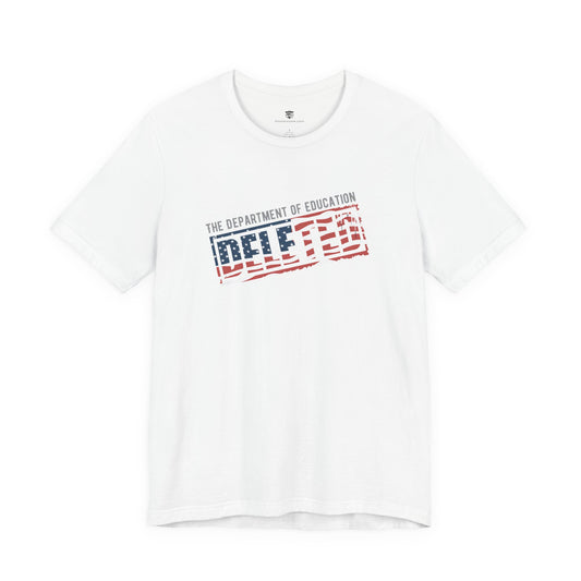 White t-shirt with 'The Department of Education' text and American flag design on a white background
