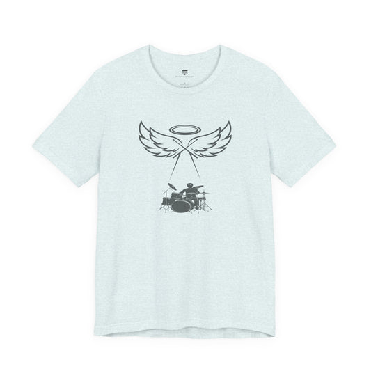 Light blue t-shirt with black graphic design on a white background