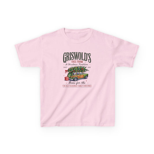 Pink t-shirt with Christmas-themed graphic and text on a white background
