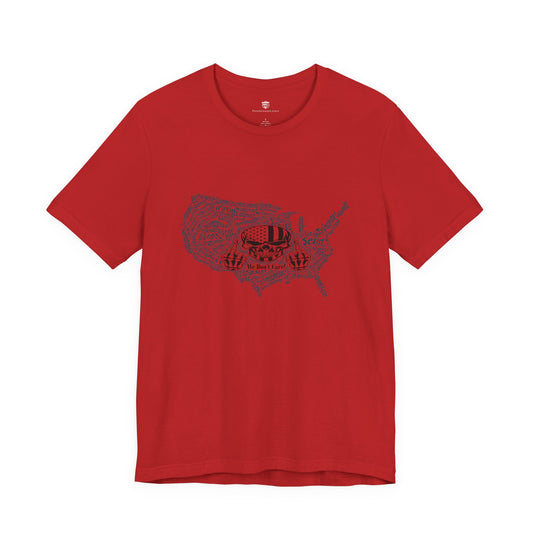Red t-shirt with a graphic design on a white background