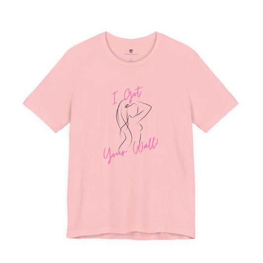 Pink t-shirt with a graphic and text on a white background