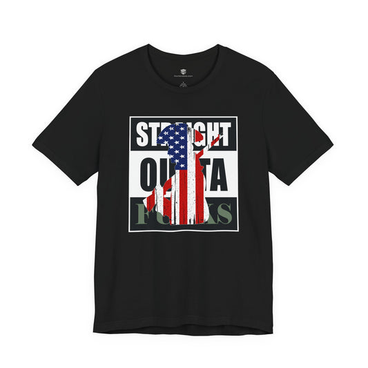 Black t-shirt with American flag graphic and text on a white background