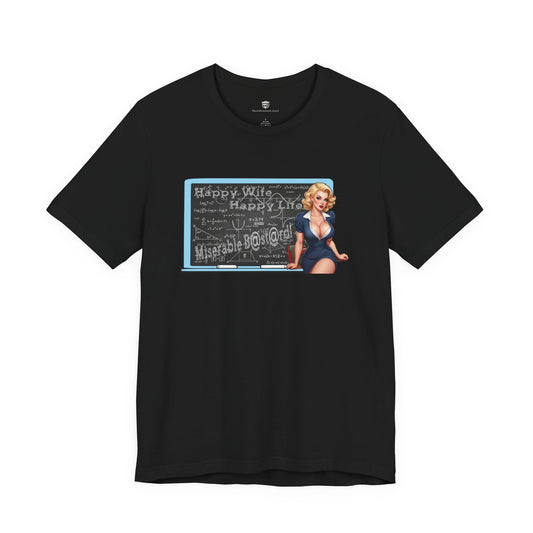 Black t-shirt with a graphic design featuring a woman in a blue dress on a white background