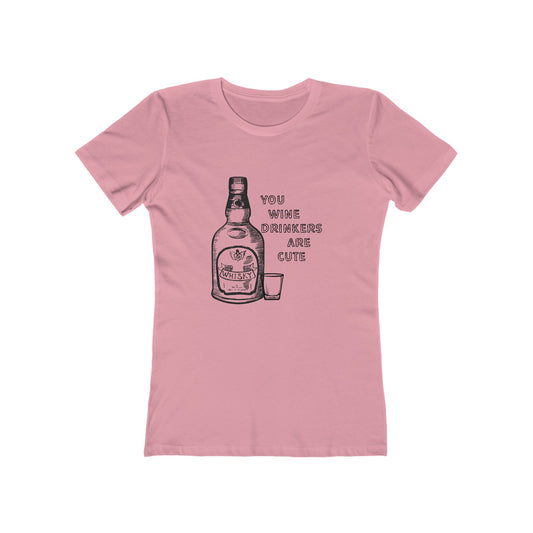 Pink t-shirt with a graphic of a bottle and text on a white background