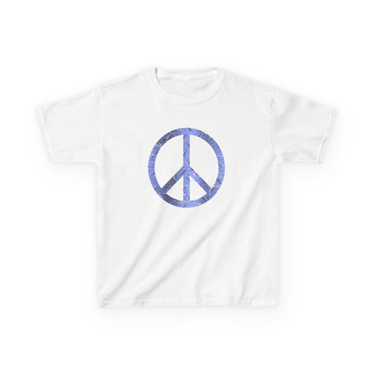 White t-shirt with a blue peace symbol design on a white background