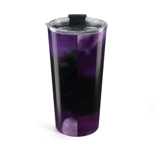 Purple and black tumbler with a clear lid on a white background