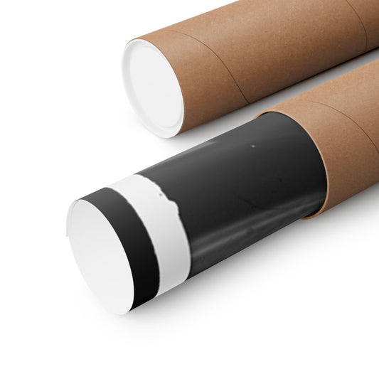 Two cylindrical objects, one black and white, the other brown and white, on a white background.