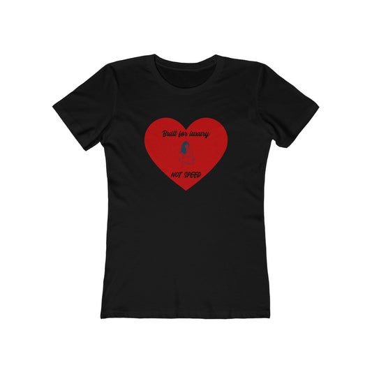 Black t-shirt with a red heart graphic and text on a white background