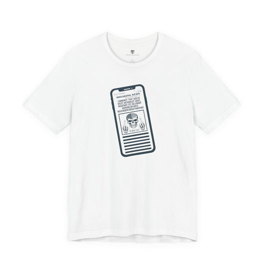 White t-shirt with a graphic of a smartphone displaying text on a white background