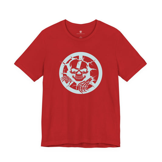 Red t-shirt with a white skull design on a white background