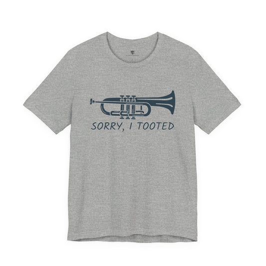 Gray t-shirt with a blue trumpet graphic and text