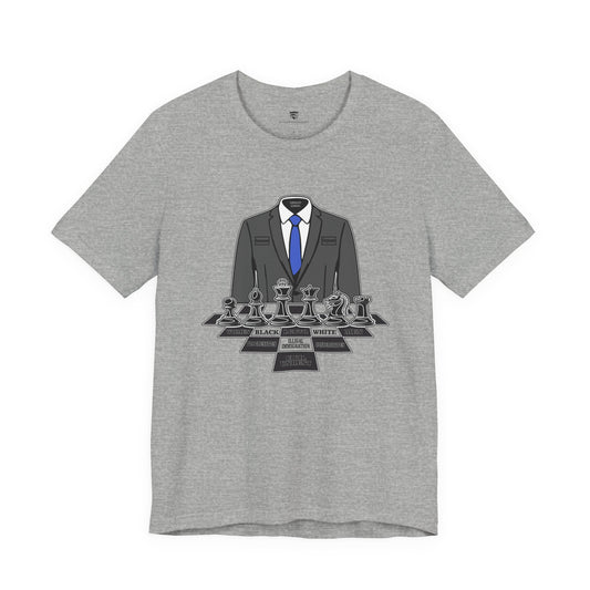 Gray t-shirt with a suit and chess piece graphic on a white background