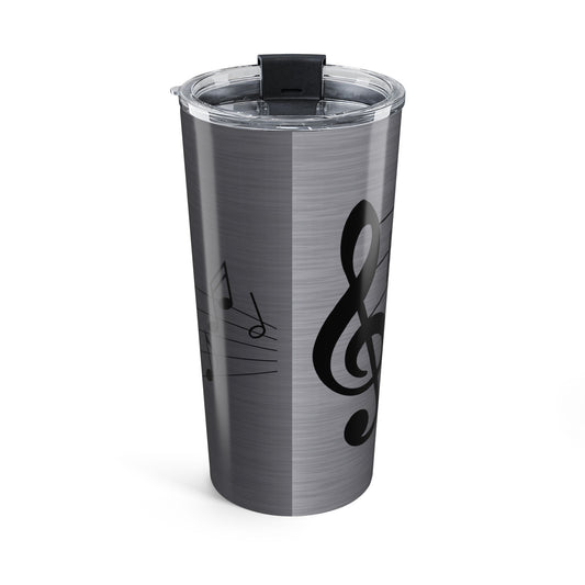 Gray tumbler with black musical symbol design on a white background