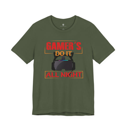 Green t-shirt with red and black graphic and text on a white background