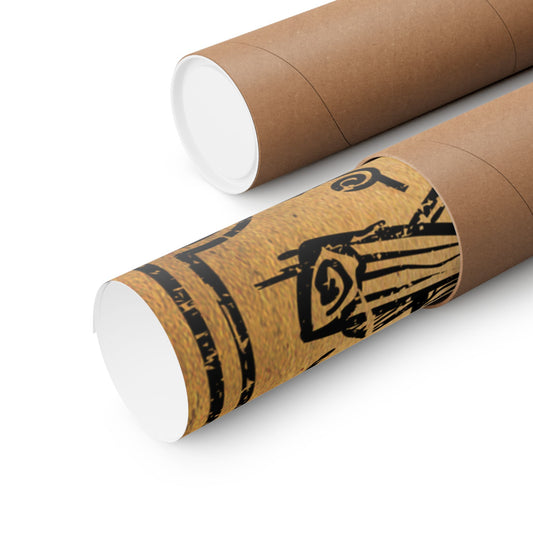 Two cardboard tubes with a decorative band featuring a black design on a white background