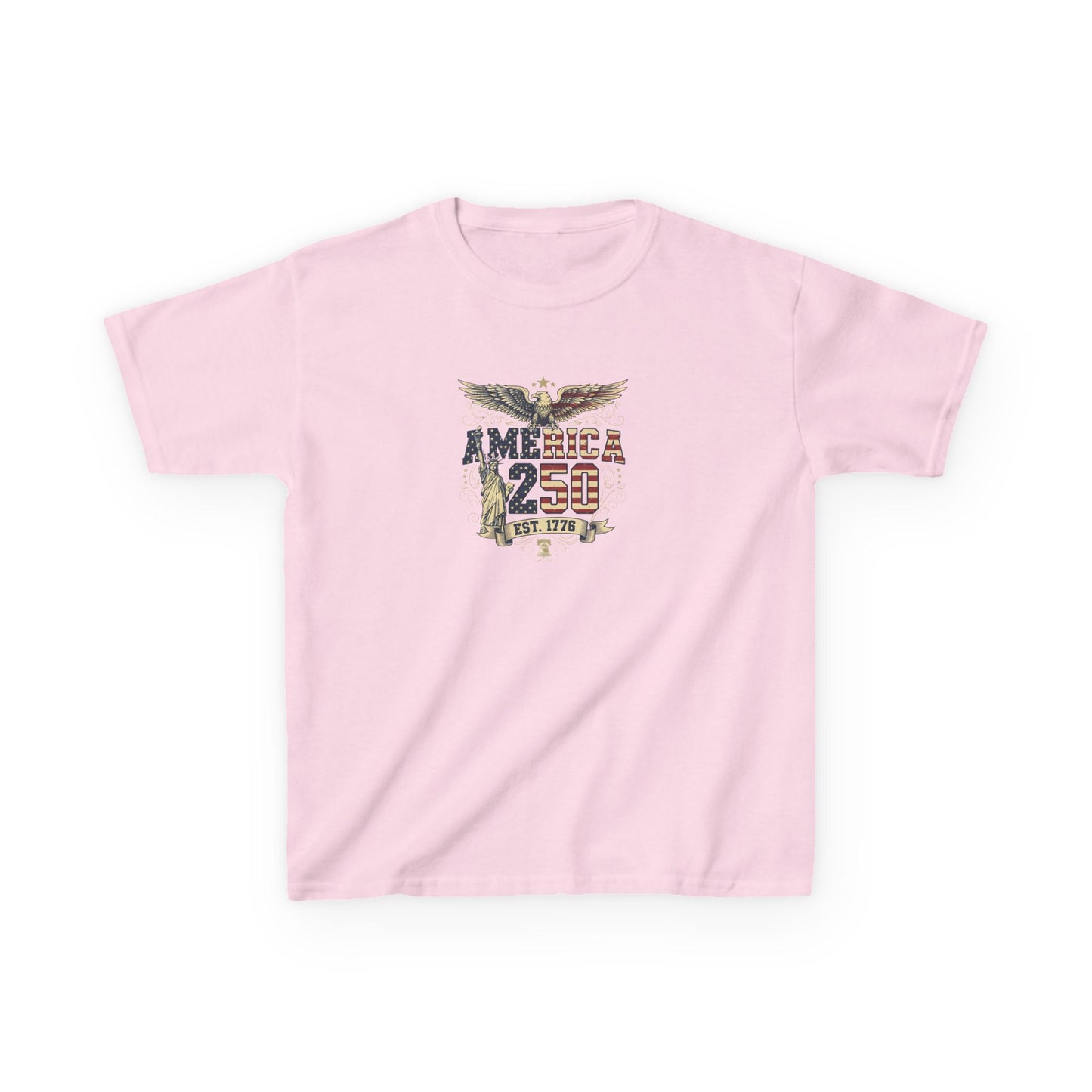 Pink t-shirt with eagle graphic and text on a white background