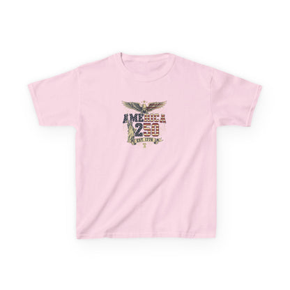 Pink t-shirt with eagle graphic and text on a white background