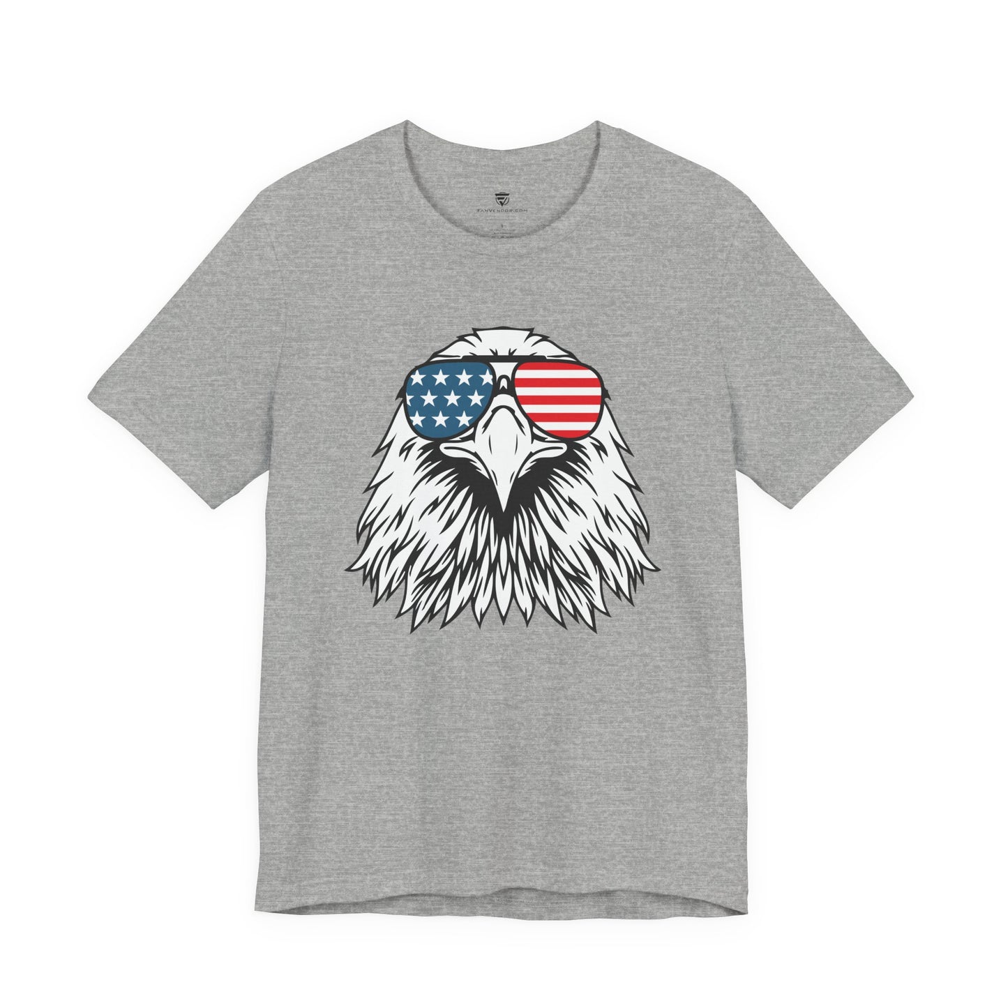 Gray t-shirt with an eagle wearing American flag sunglasses design on a white background