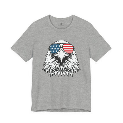 Gray t-shirt with an eagle wearing American flag sunglasses design on a white background